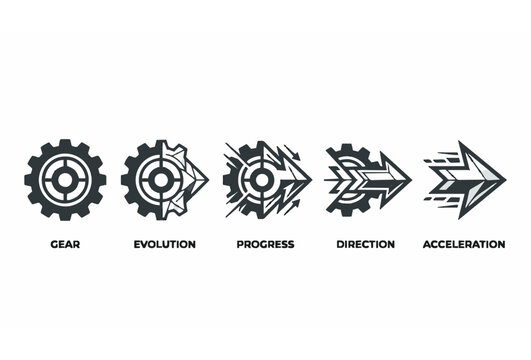 Gear Evolution Progress Direction Acceleration Vector Concept Icon Set Showing Mechanical Transformation Into Speed Arrow
