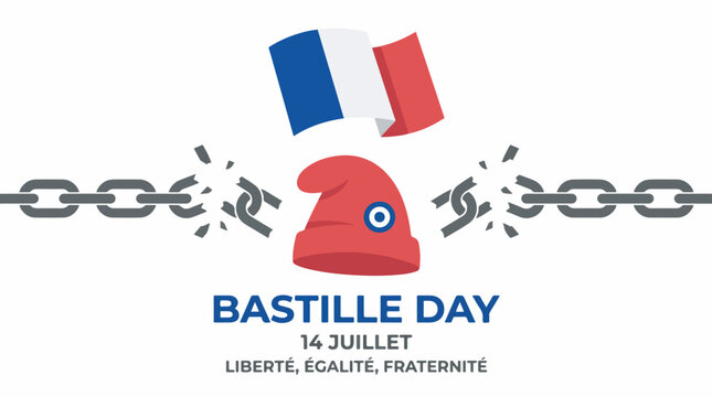 A vector illustration celebrating Bastille Day with a French flag, Phrygian cap, and broken chains symbolizing freedom and the French Revolution.