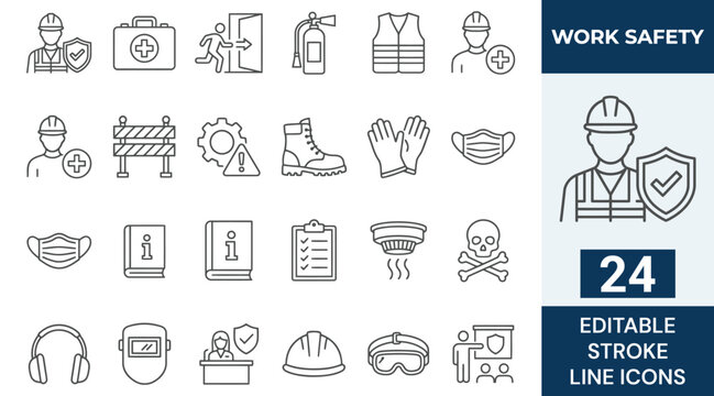 Work safety icon set. Containing workplace security, Safety first, hard hat, insurance, first aid kit, risk management, regulation, and more. editable stroke. Vector illustration