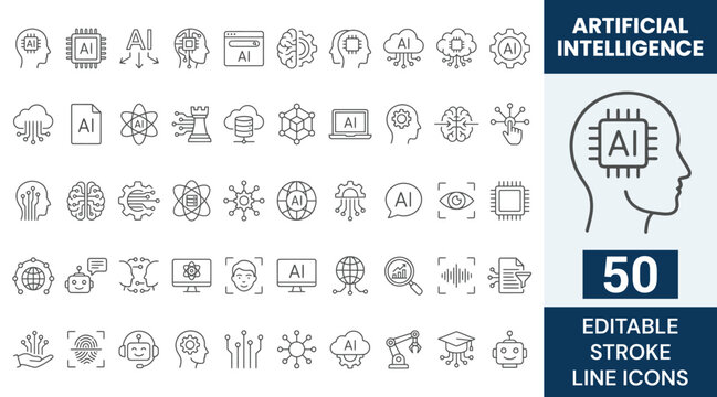 Artificial Intelligence icon set. Outline Icon Collection. Editable stroke. Vector illustration