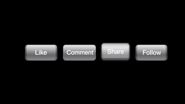 Social Media Engagement Buttons Animation with Like Comment Share and Follow Icons on Black Background