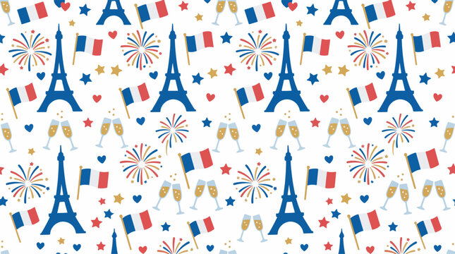A seamless pattern featuring blue Eiffel Towers, French flags, colorful fireworks, and champagne glasses on a white background, celebrating French culture.