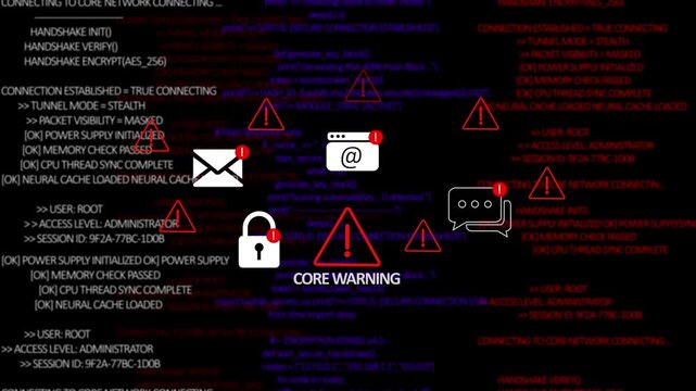 Digital core overheat alert icon with binary code background. The attention grabbing icon highlights the importance of digital safety in today's interconnected world. 4K animation  Motion Video