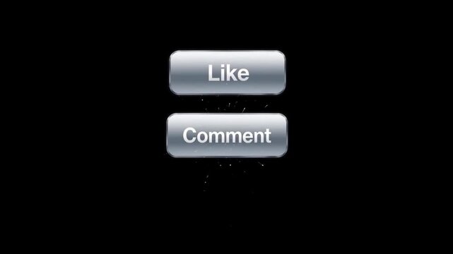 Social Media Engagement Buttons Animation with Like Comment Share and Follow Icons on Black Background
