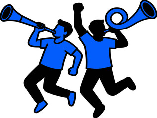 Two men in blue shirts playing trumpets © Varadilladtr