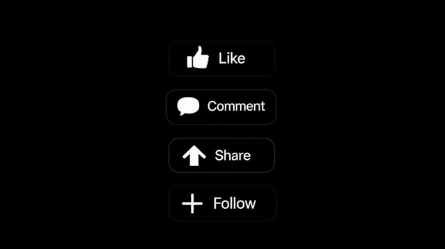 Social Media Like Comment and Share Buttons Animation on Black Background