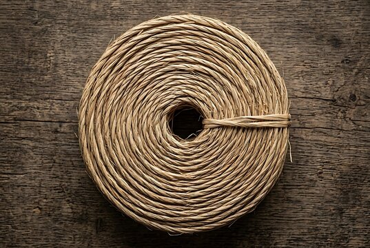 Roll of natural raffia twine on rustic wooden background