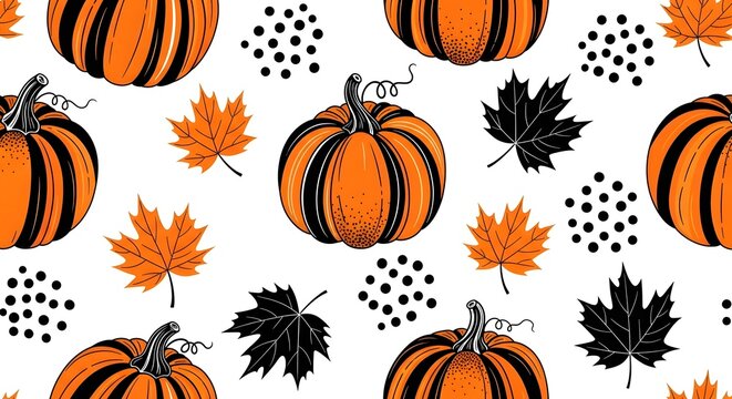 Seamless pattern with pumpkins and leaves isolated on white background