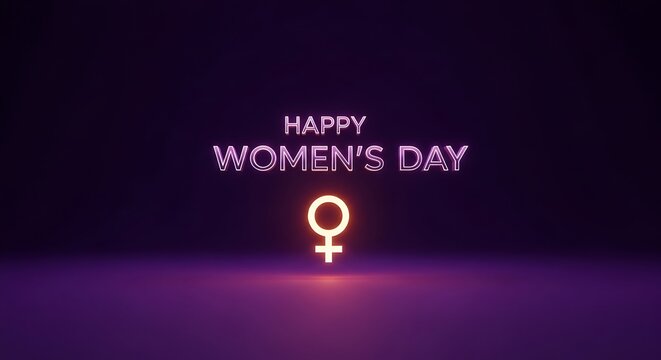 Venus symbol glows brightly on a dark purple surface to honor International Women's Day with a minimalist and modern aesthetic.