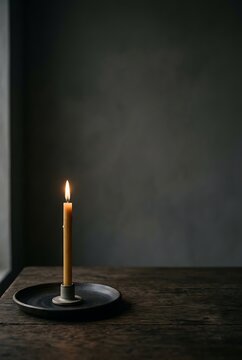 Single lit candle on a rustic wooden table in a dark room