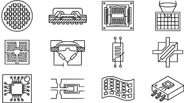 Microelectronics Technology Line Art Icons Set: Semiconductor Chips, Sensors, Flexible Electronics, and Wafer Outline Vector Illustration.
