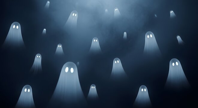 Group of glowing ethereal ghosts floating in dark misty atmosphere