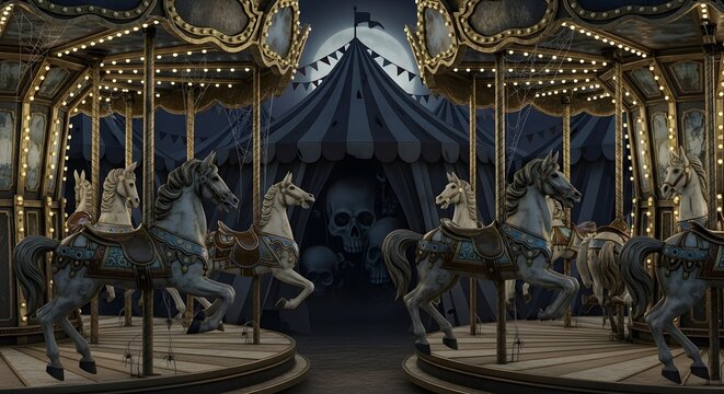 Spooky abandoned carousel at night with skullthemed circus tent in background
