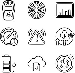 Set of 9 Black and White Line Art Icons: Meter, Smoke Detector, Graph, Battery, Warning, Environment, Data Download, Power Button, and Handheld Device © mahren