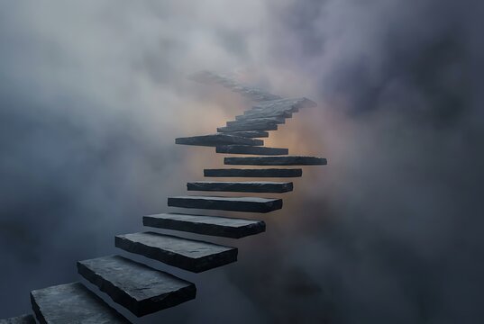 Surreal Floating Stone Stairs Rising Through Moody Clouds and Fog