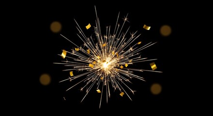 Fototapeta premium Sparkler exploding with golden confetti against black background