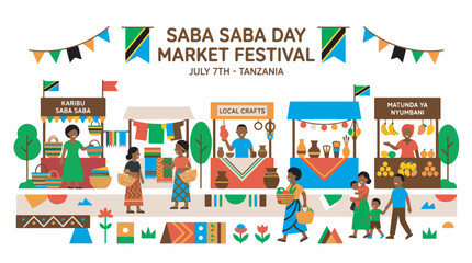 Fototapeta premium Vibrant illustration of Saba Saba Day Market Festival in Tanzania with people enjoying the festive atmosphere under Tanzanian flags and banners.