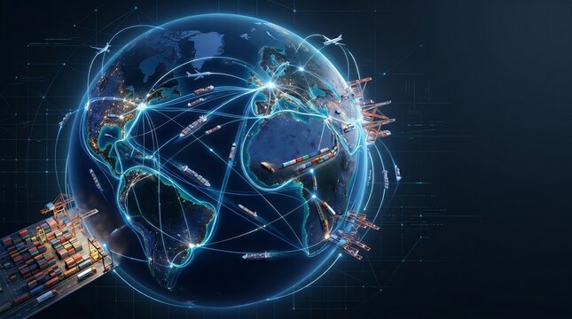 Modern global logistics network visualization with digital shipping route map overlaying busy container port terminal and maritime trade cargo ships at dusk