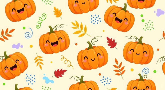 Seamless pattern with cute cartoon pumpkins and autumn leaves