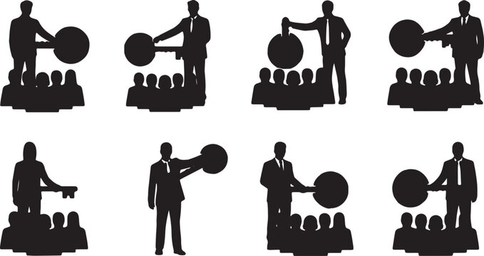 Black Solid Top Leader Holding Key Silhouettes Set of Six on White Background