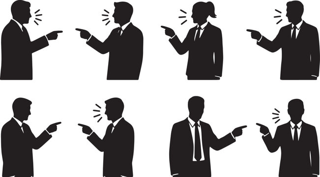 Black Solid Top Leader Pointing Finger Blame Silhouettes Set of Six on White Background
