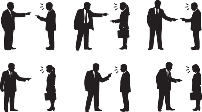 Black Solid Top Leader Pointing Finger Blame Silhouettes Set of Six on White Background