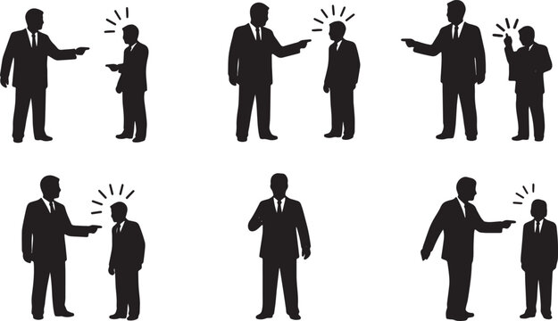 Black Solid Top Leader Pointing Finger Blame Silhouettes Set of Six on White Background