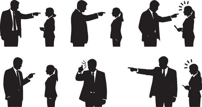 Black Solid Top Leader Pointing Finger Blame Silhouettes Set of Six on White Background