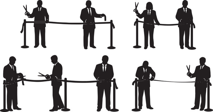 Black Solid Upper Management Cutting Ribbon Silhouettes Set of Six on White Background