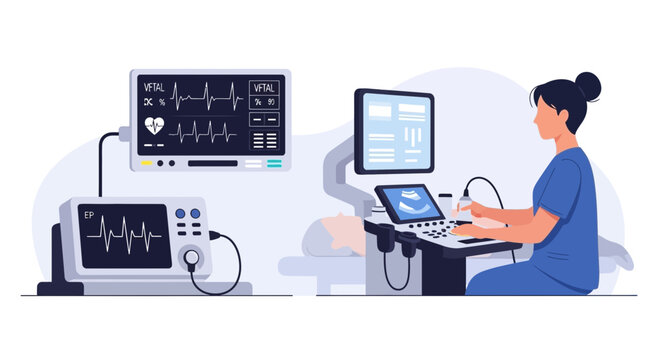 Doctor using ultrasound machine with patient and ecg monitor