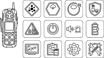 Industrial Safety and Environmental Monitoring Line Art Icons. Rugged Handheld Device and Outline Pictograms for Hazard Detection, Emergency, Data, and Maintenance. © mahren