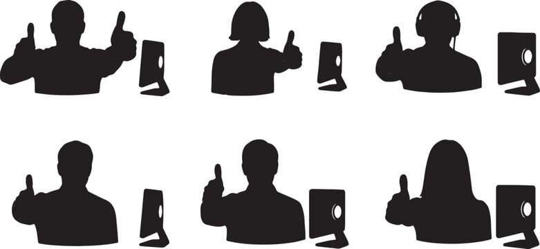 Black Solid Virtual Collaborator Thumbs Up Webcam Silhouettes Set of Six on White Background