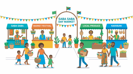 Fototapeta premium Illustration of a vibrant outdoor market scene with diverse people shopping at various stalls under festive decorations.