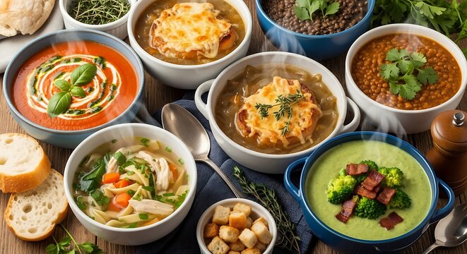 Diverse assortment of colorful soups and stews in bowls with bread on table