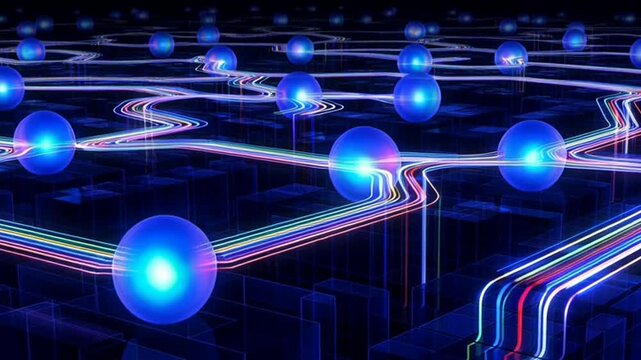 Futuristic circuit board with glowing blue nodes and colorful neon-like pathways.
