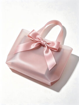 Shiny blush pink satin favor bag collection with integrated satin ribbon handles and front bow ornaments, mirror-like glossy finish, displayed against a solid white studio background with gentle diffu