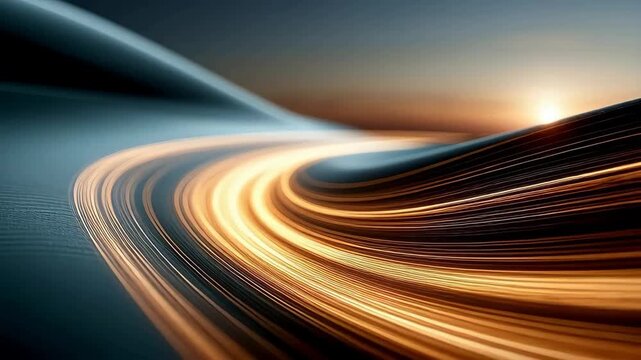 Abstract gold and dark blue smooth curve light trail motion blur. Elegant glowing wave line fluid visual effect. Modern digital dynamic wallpaper for future tech presentations, premium corporate backg