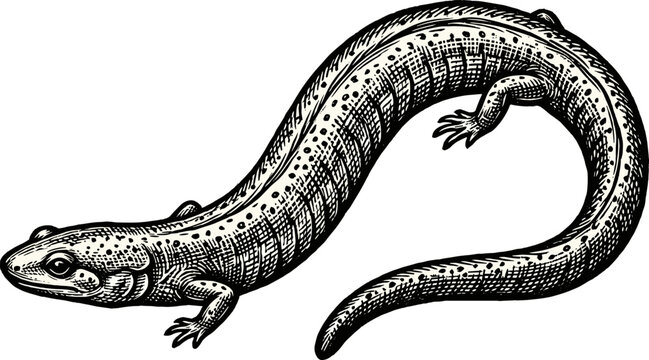Vintage engraved black and white line art illustration of a spotted salamander isolated on white background