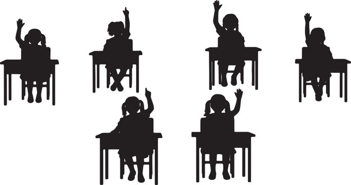 Black Solid School Desk Hand Raising Sitting Silhouettes Set of Six on White Background