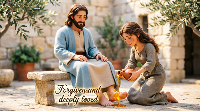 A repentant sinful woman tenderly anoints Jesus with sacred perfume in devoted worship.