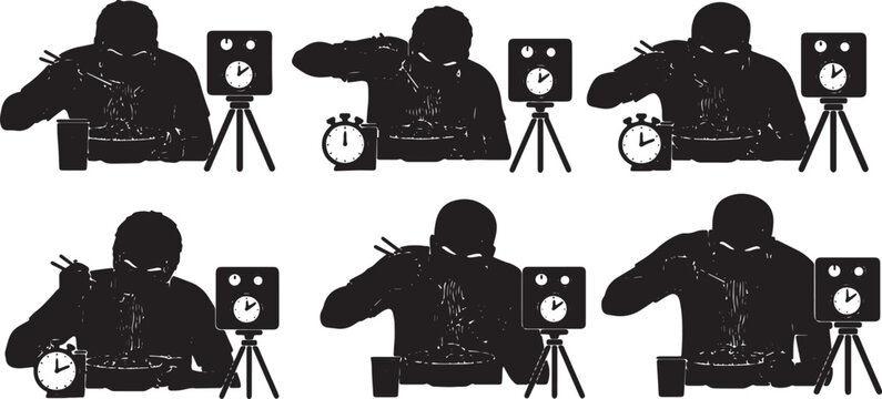 Black Solid Spicy Noodle Challenge Dual Camera Silhouettes Set of Six on White Background