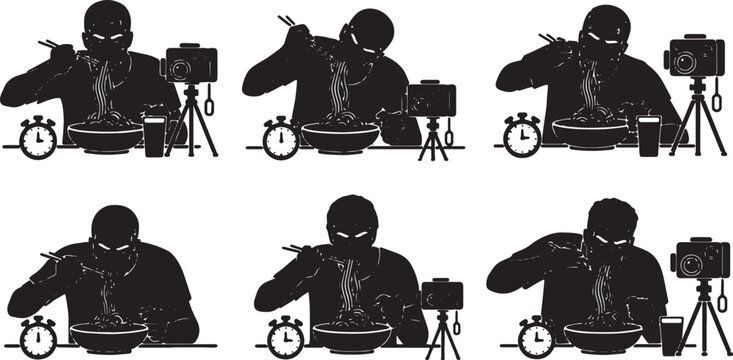 Black Solid Spicy Noodle Challenge Dual Camera Silhouettes Set of Six on White Background