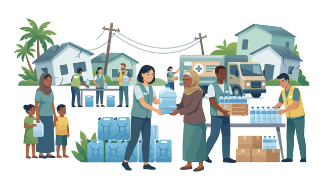 Humanitarian aid volunteers distributing clean drinking water to survivors in a disaster-stricken community with damaged houses and a medical supply truck.