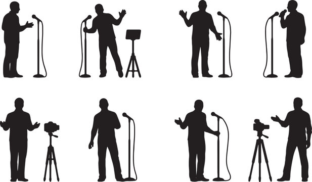 Black Solid Standup Comedy Microphone Camera Silhouettes Set of Six on White Background