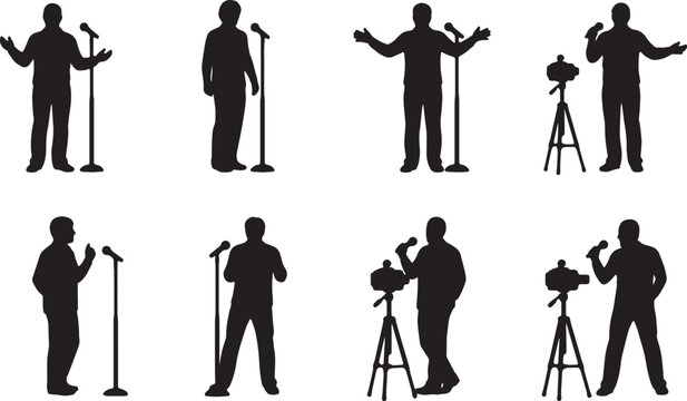 Black Solid Standup Comedy Microphone Camera Silhouettes Set of Six on White Background