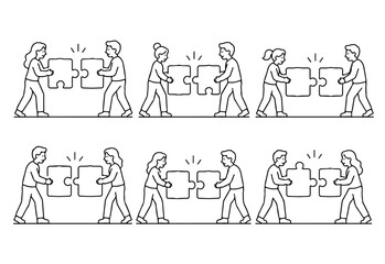 Fototapeta premium People Connecting Puzzle Pieces Teamwork Concept Minimal Line Art Vector Pack