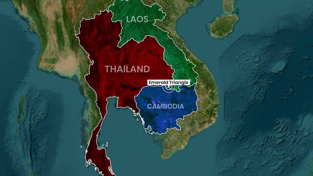 animated map video clip showing the Emerald Triangle region of Thailand, Laos, and Cambodia