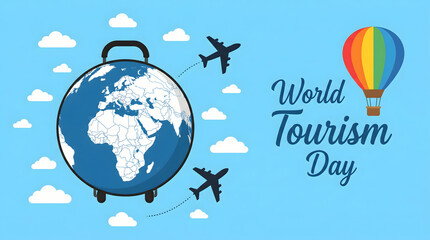 Naklejka premium world tourism day, globe with luggage and airplanes