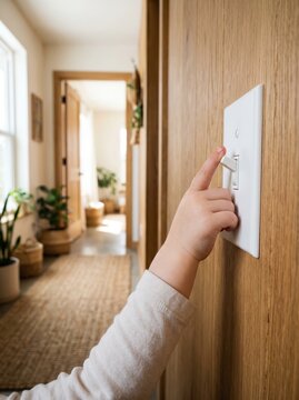 Small child's hand reaching toward a light switch turning off the room lights before leaving bright naturally lit eco-friendly home