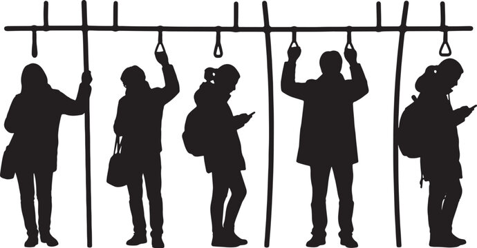 Black Solid Train Passenger Phone Texting Silhouettes Set of Six on White Background